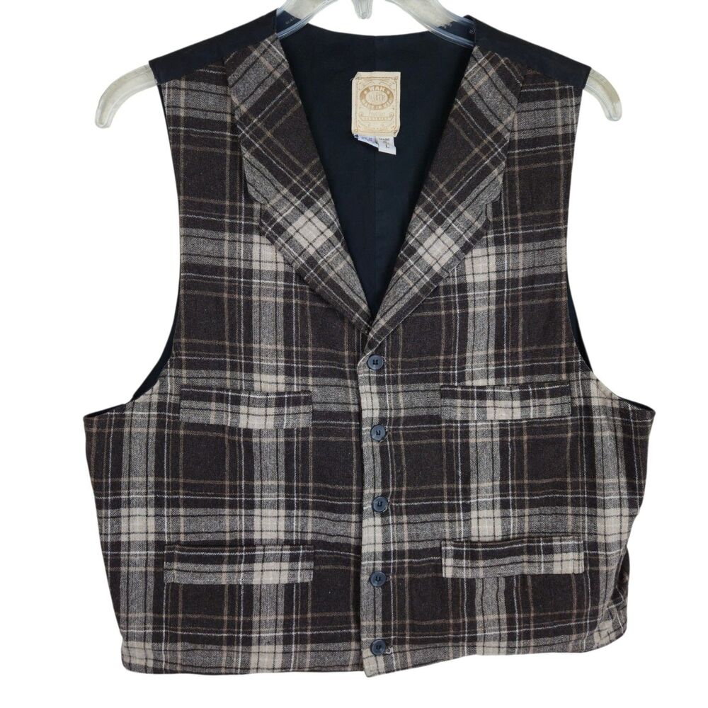 Wah Maker Vest Men's L Wool Blend Notch Brown Plaid Button Front Cowboy Western